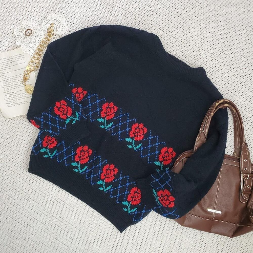 Vintage 80s rainbow ridge rose flower pattern sweater euc - Picture 1 of 6